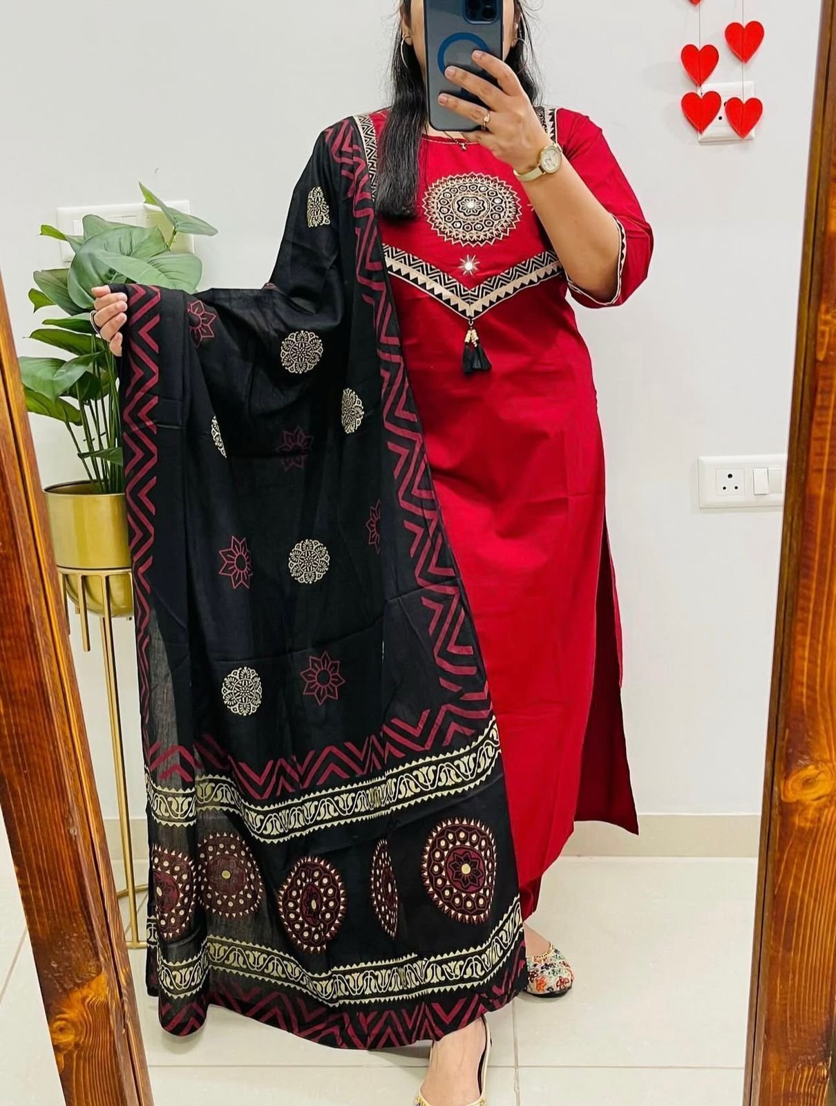 Red Handwork Cotton Suit Set